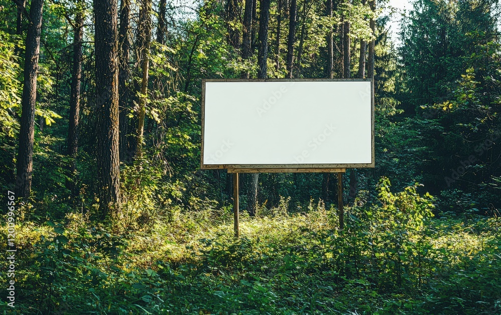 A billboard mockup on the edge of a forest, with clear space for text, surrounded by tall trees and lush greenery A billboard mockup on the edge of a forest, with clear space for text, surrounded by tall trees and lush greenery