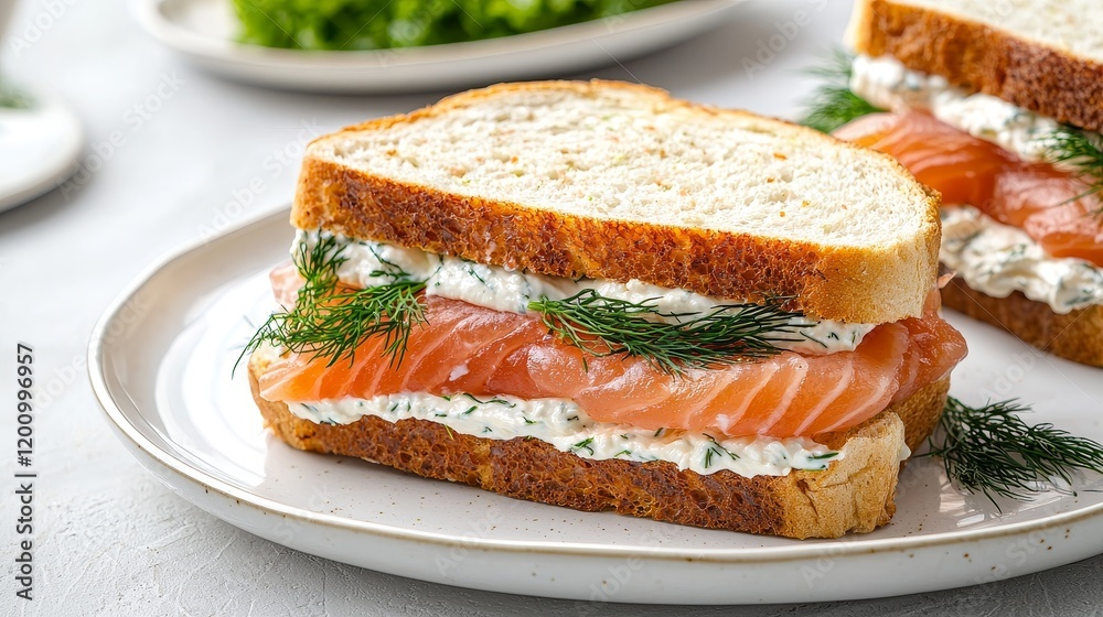 Hearty sandwich. Delicious sandwich with salmon and cream cheese on whole grain bread. Hearty sandwich. Delicious sandwich with salmon and cream cheese on whole grain bread.