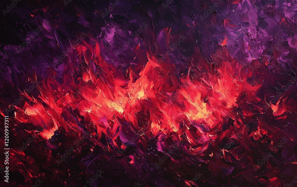 Fototapeta premium Deep red and violet flames blending seamlessly, with glowing embers visible, captured in sharp focus