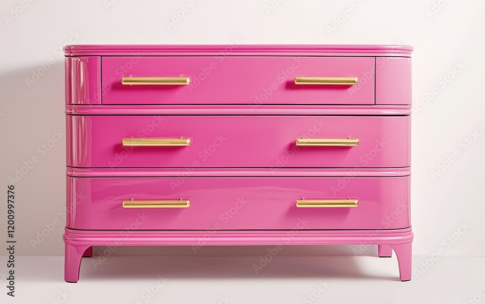 A bold pink dresser with smooth drawers and gold handles, set against a white backdrop A bold pink dresser with smooth drawers and gold handles, set against a white backdrop