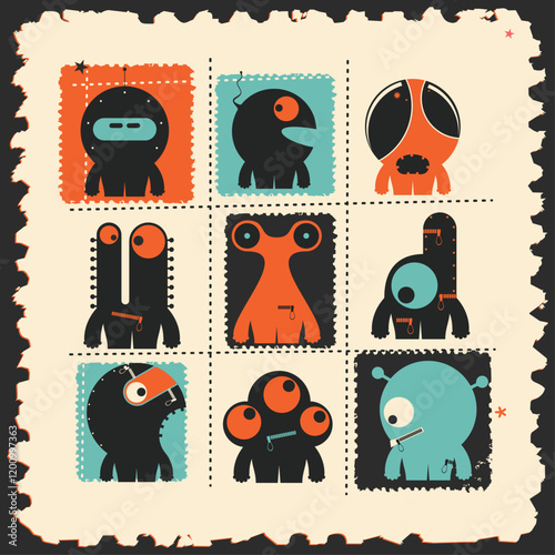 Set of nine funny monsters placed on colorful background with grunge elements on it.