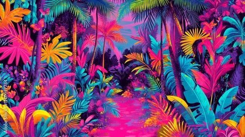 Psychedelic Tropical Path Vibrant Neon Jungle Landscape with Silhouette