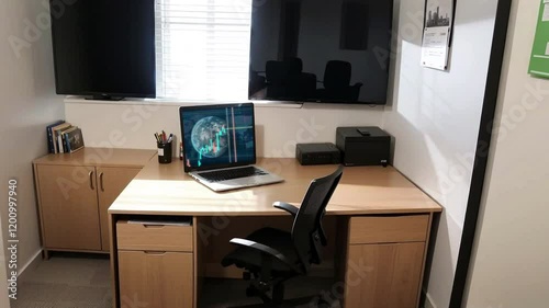 Mock up sales summary slide show presentation on display television and laptop with notebook on table in meeting room