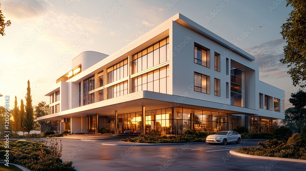 Fototapeta premium Modern white building at sunset with car.