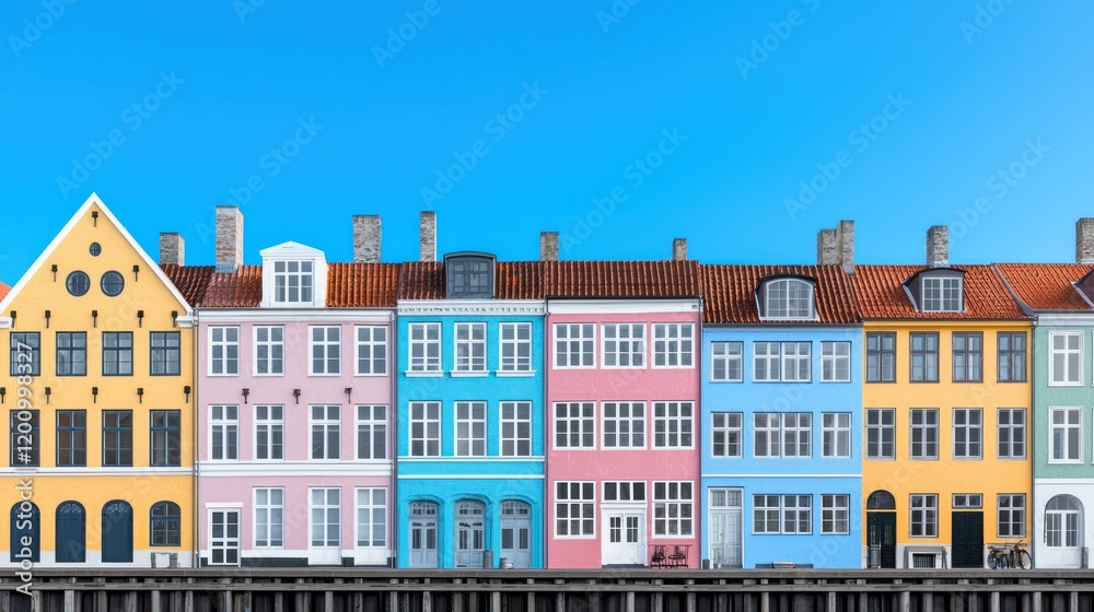 Fototapeta premium Colorful waterfront buildings with a clear blue sky backdrop.
