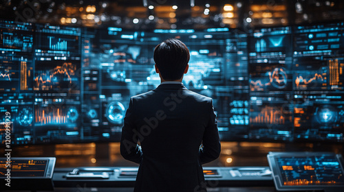 a man in a suit looking at a wall of monitors photo