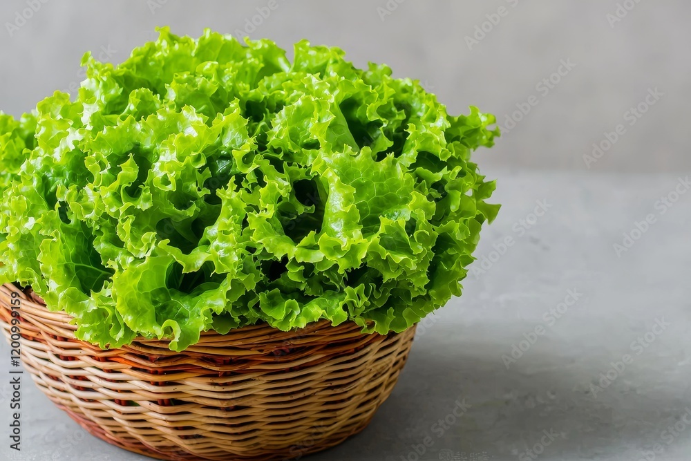Crisp lettuce bunch. Fresh green lettuce in a woven basket on a gray background. Crisp lettuce bunch. Fresh green lettuce in a woven basket on a gray background.