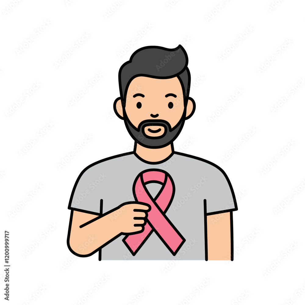 Man Supporting Breast Cancer Awareness. Vector icon Cancer survivor holding a ribbon on a white background Man Supporting Breast Cancer Awareness. Vector icon Cancer survivor holding a ribbon on a white background