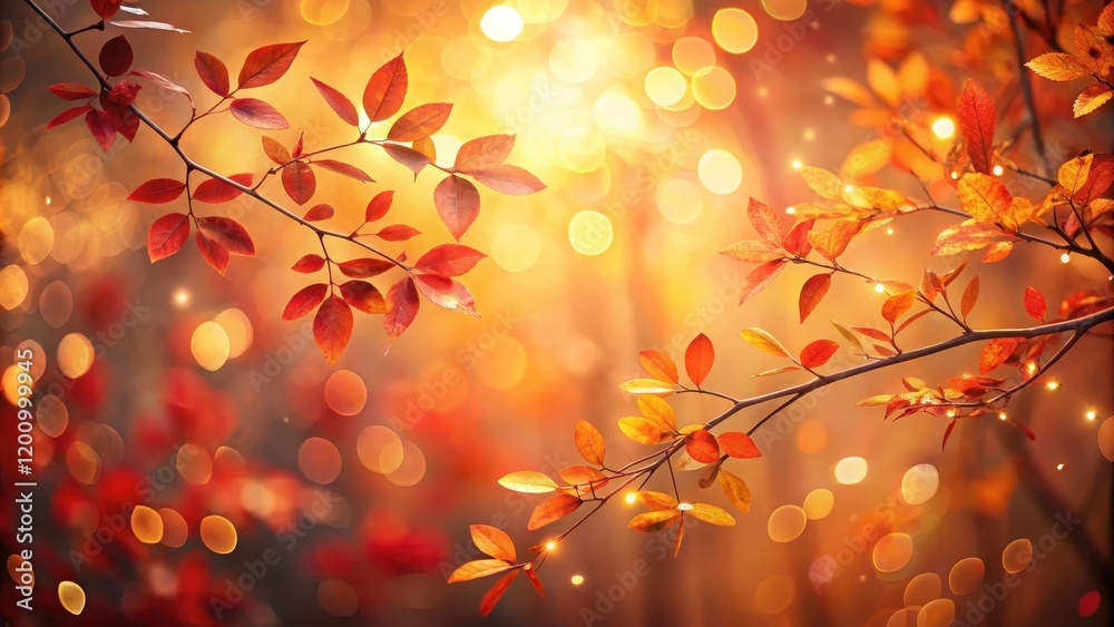 Autumnal Branches with Warm Golden Lights and Red Leaves in a Soft Focus Background Autumnal Branches with Warm Golden Lights and Red Leaves in a Soft Focus Background