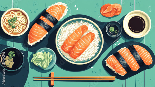 Japanese seafood restaurant or sushi bar menu banners. Vector design of fish sushi and rolls, noodles with tofu and seaweed, oriental spicy miso soup, steamed rice with salmon or tuna and chopsticks photo