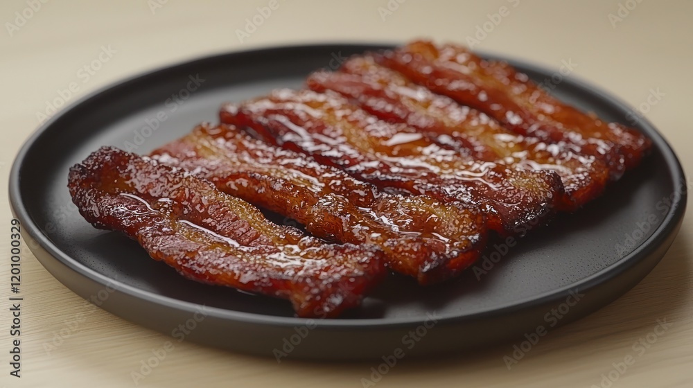 Glazed bacon strips on plate, wood background, food photography, recipe Glazed bacon strips on plate, wood background, food photography, recipe