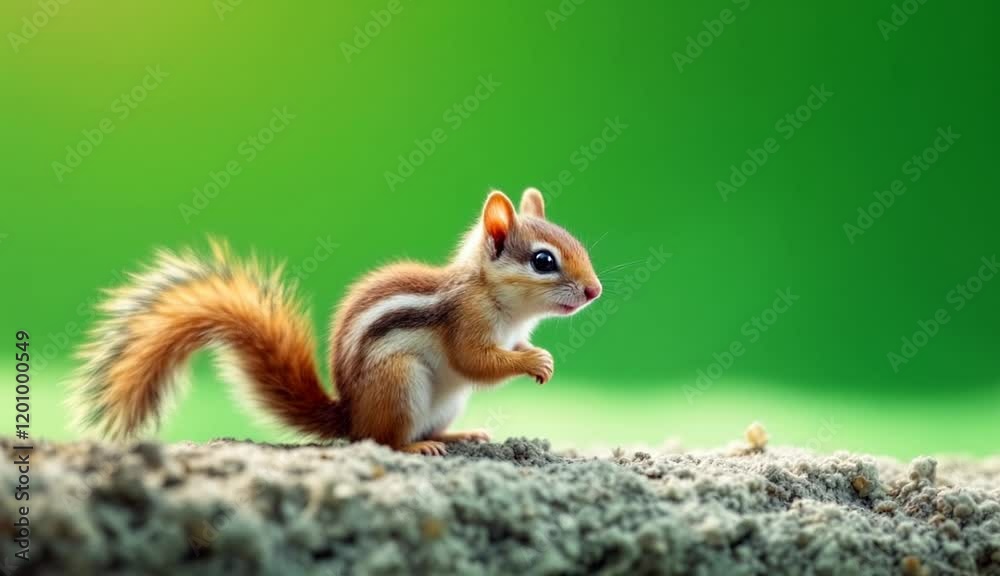 Adorable closeup of a chipmunk in its natural habitat with a vibrant green background