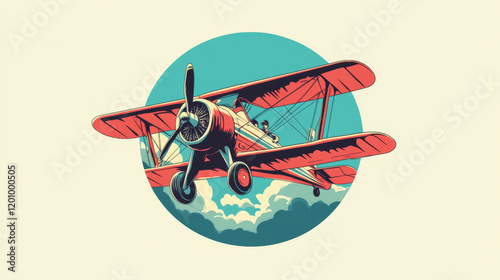 Flying school icon with retro plane or airplane. Vector round badge with vintage propeller biplane flying in blue sky, pilot school, aircraft or aviation academy and flight training design