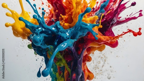 Abstract Vibrant Color Explosion with Dynamic Splashes On White Background