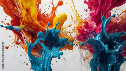 Abstract Vibrant Color Explosion with Dynamic Splashes On White Background