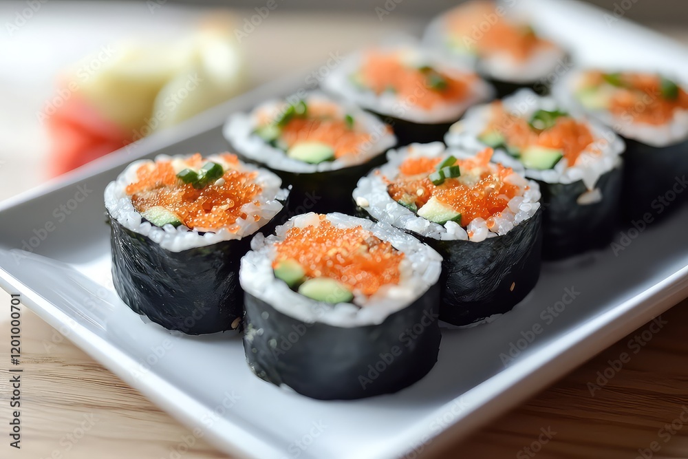 A modern presentation of sushi with minimalistic garnish on a matte white plate against a wooden table.