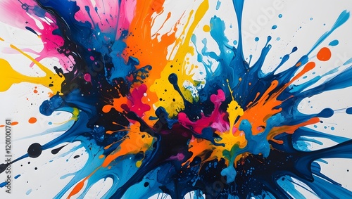 Abstract Vibrant Color Explosion with Dynamic Splashes On White Background