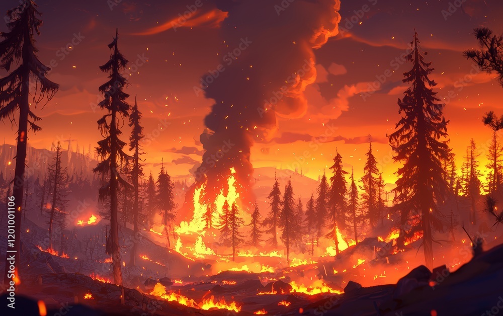 A burning forest scene with charred trees and a glowing orange sky filled with smoke A burning forest scene with charred trees and a glowing orange sky filled with smoke