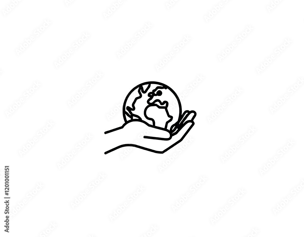 Black line art drawing of hand holding globe on transparent background Black line art drawing of hand holding globe on transparent background
