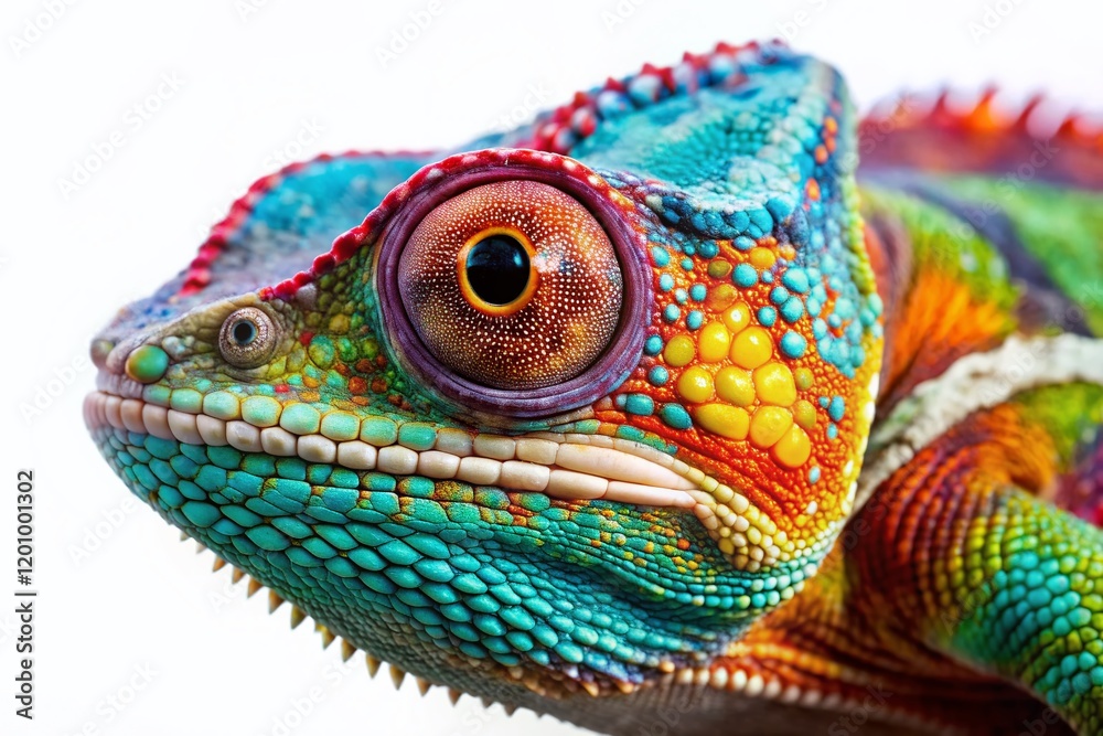Obraz premium Colorful Chameleon Portrait: Vibrant Reptile with Multicolored Paint Scales Isolated on White