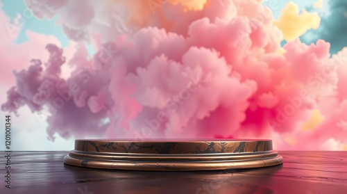 Abstract Product Podium Display with Pastel Cloudy Background