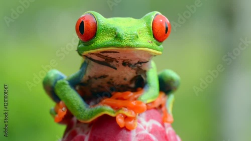 Red-eyed tree Frog, starring at the camera and jumping out of the frame in Costa Rica