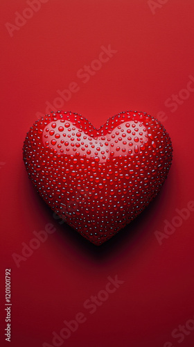 Realistic red heart with water droplets on vibrant red background