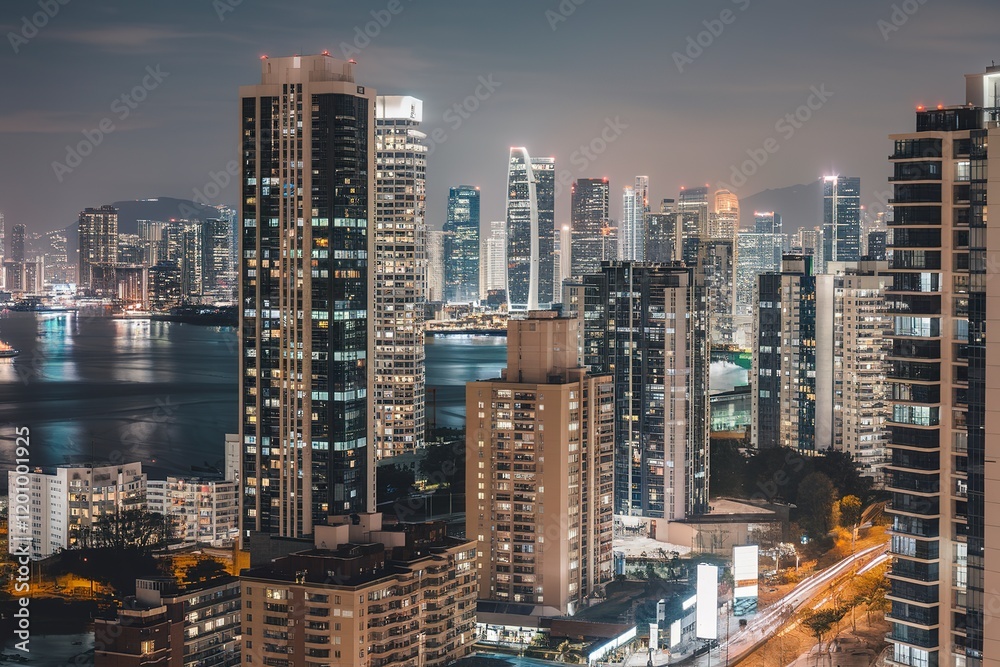 Obraz premium A nighttime cityscape of a modern urban skyline with tall skyscrapers and high-rise buildings