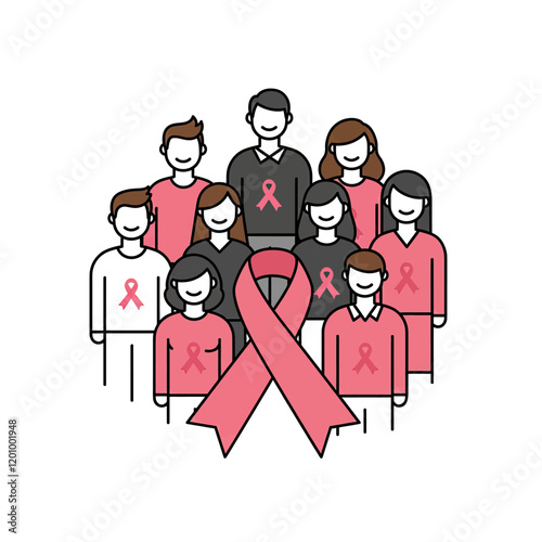 Pink Ribbon Unity: A diverse group of individuals stands united behind a large pink ribbon, symbolizing support, hope, and solidarity in the fight against breast cancer.