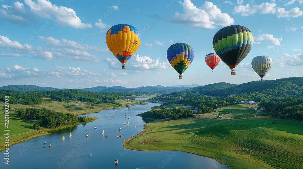 Obraz premium Breathtaking view of colorful hot air balloons over serene lake landscape, showcasing nature beauty and adventure
