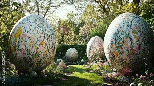 Large artistic eggs painted with floral patterns displayed outdoors amidst a lush garden and greenery. Concept of creativity in nature photo