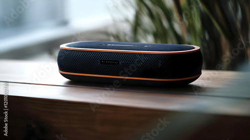 A portable speaker resting on a wooden surface, designed for music playback.