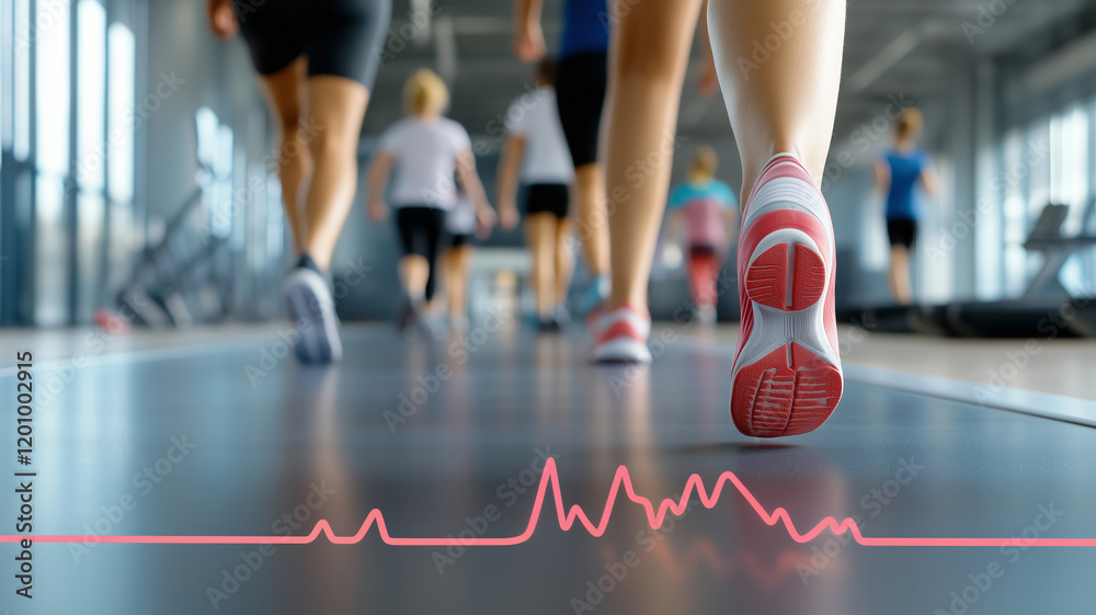 A close-up of walking shoes on a treadmill track, with a fitness group in the background and a heart rate graph overlay. A close-up of walking shoes on a treadmill track, with a fitness group in the background and a heart rate graph overlay.