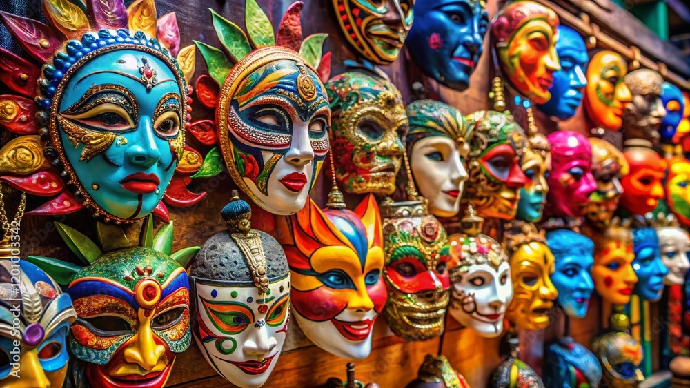 Fototapeta premium Colorful Masks Ready for Costume Parade - Festive Celebration