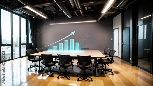 Empty office meeting room with large digital financial chart display, modern light interior, glass walls, background concept of business technology. 3D Rendering