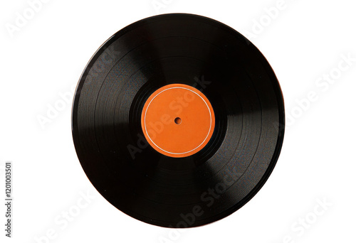 Black vinyl record with orange center on transparent background