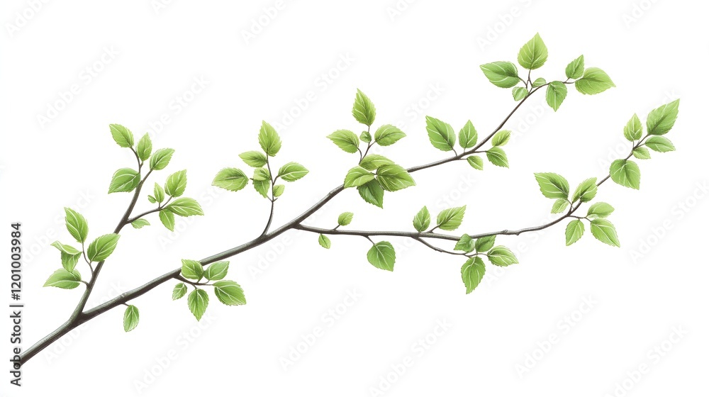 A Branch With Fresh Green Leaves In Springtime A Branch With Fresh Green Leaves In Springtime