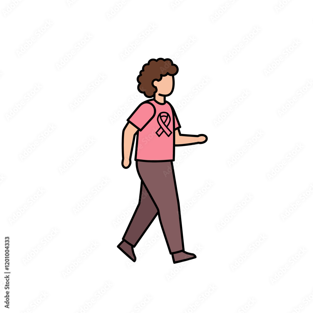 A Walk of Support: A simple yet powerful illustration of a person walking forward, wearing a pink shirt with a pink ribbon - a symbol of hope and support for breast cancer awareness. A Walk of Support: A simple yet powerful illustration of a person walking forward, wearing a pink shirt with a pink ribbon - a symbol of hope and support for breast cancer awareness.