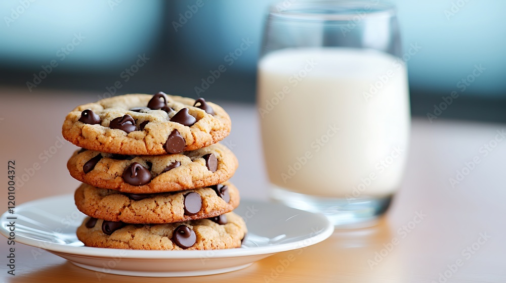 Stack of Warm Chocolate Chip Cookies with Milk Stack of Warm Chocolate Chip Cookies with Milk