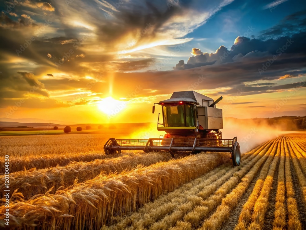 Fototapeta premium Combine Harvester Harvesting Wheat Field - Rural Agricultural Scene