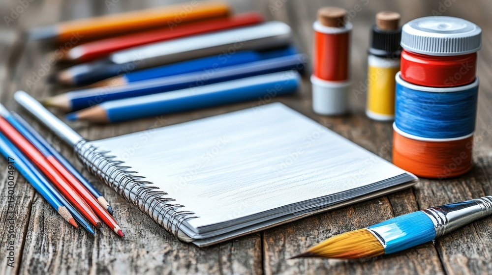 Fototapeta premium Blank sketchbook with colored pencils, paints, and brush, ready for art