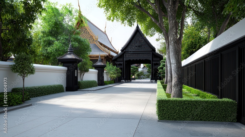 Serene Pathway to Traditional Asian Building Serene Pathway to Traditional Asian Building