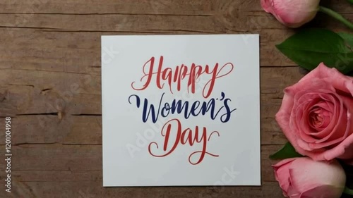 Happy Women's Day Card with Pink Roses, Wooden Background, Calligraphy Text. 8 March International Women's Day