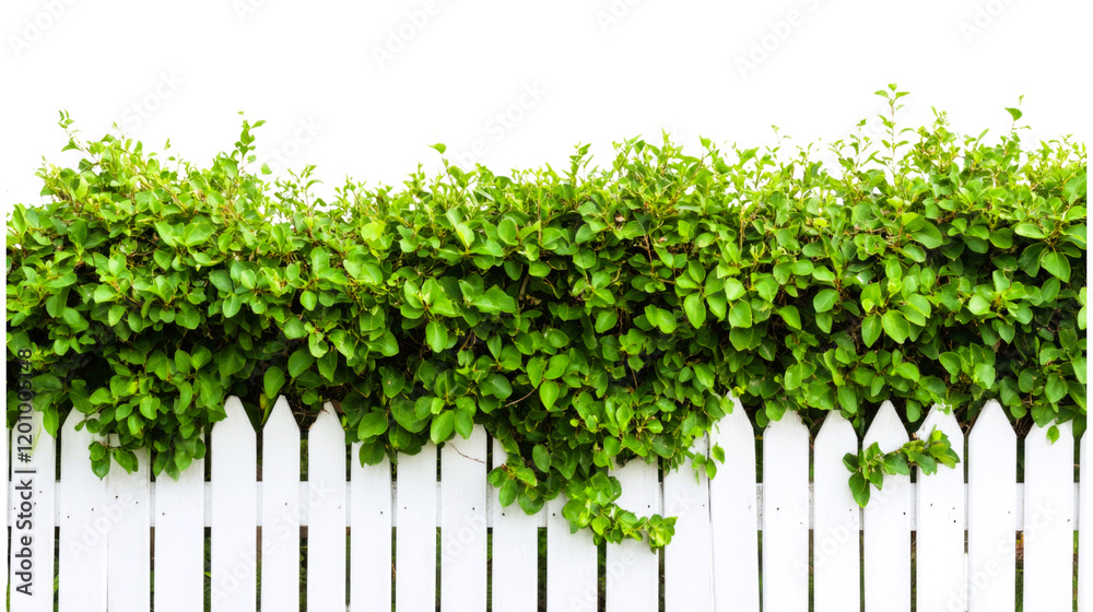 Fototapeta premium A well-maintained white picket fence borders a flourishing green hedge, showcasing vibrant leaves at the top, all under a bright. PNG