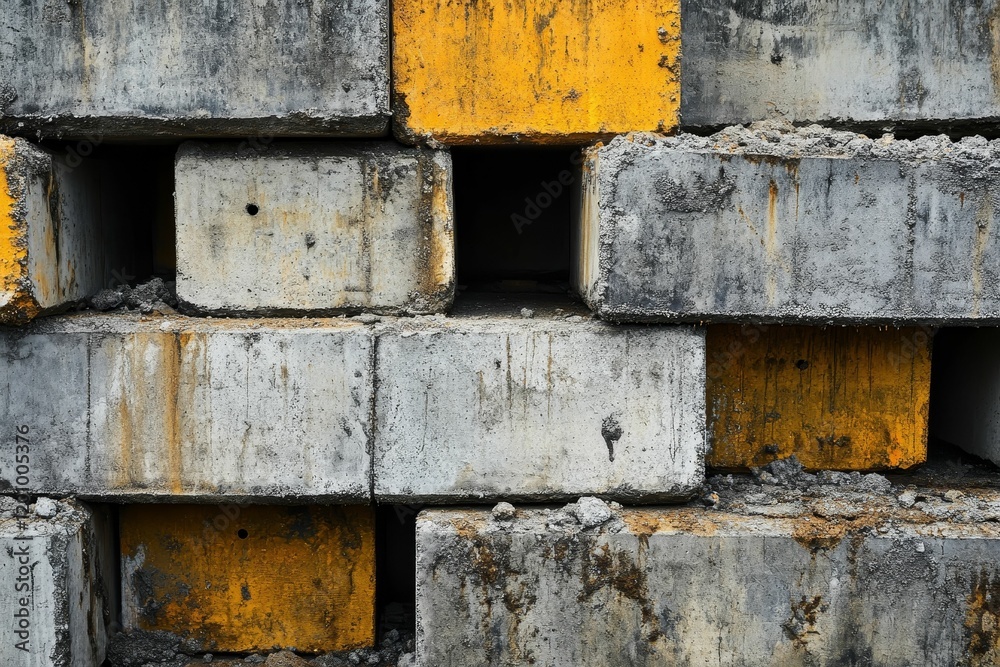 Gray concrete blocks with yellow painted accents. Gray concrete blocks with yellow painted accents.