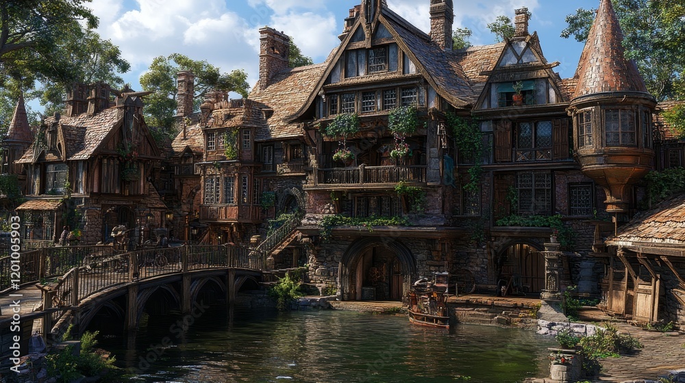 A sprawling, intricately detailed whimsical village of interconnected wooden houses