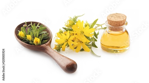 St john's wort plant with oil on white background