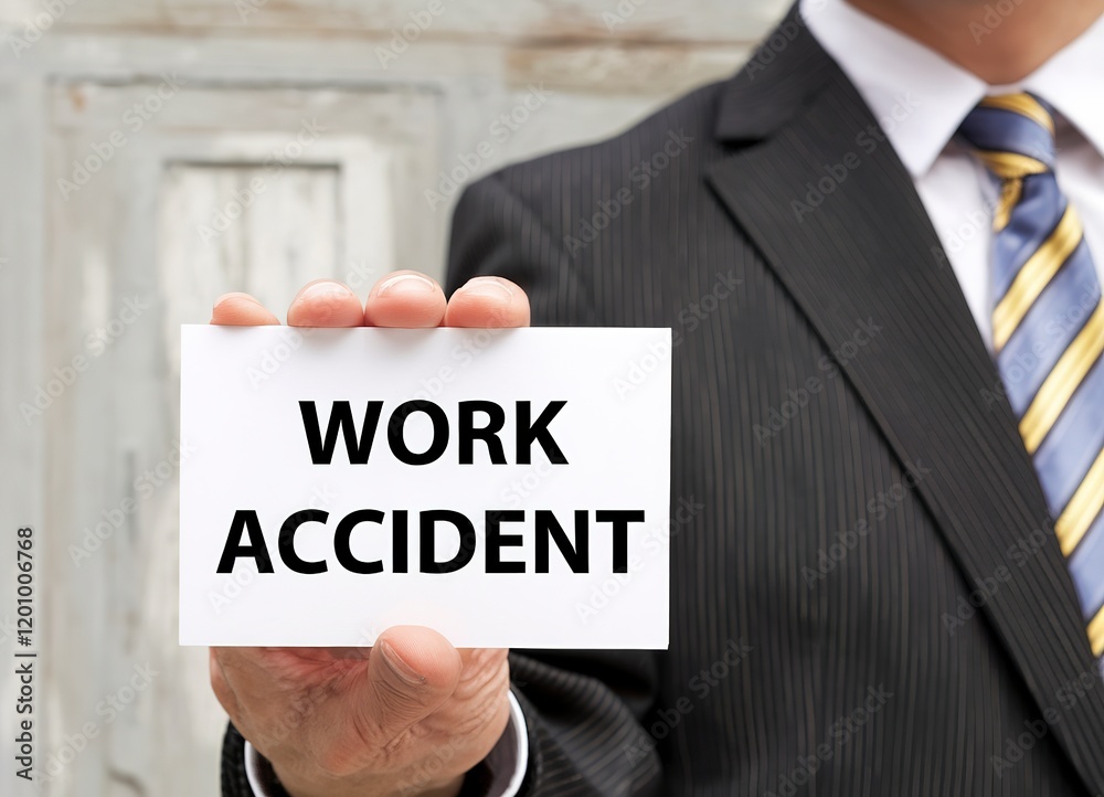 WORK ACCIDENT word on the white card presenting by a businessman WORK ACCIDENT word on the white card presenting by a businessman