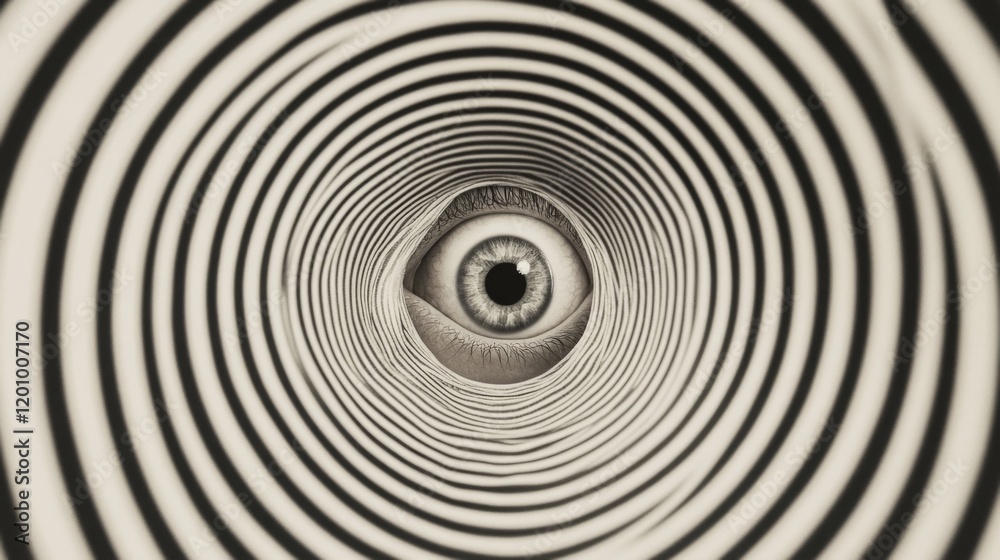 Eye in hypnotic spiral tunnel.