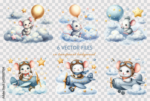 Set of Watercolor clip art mouse on cloud and mouse pilot on a plane. Hand drawn childish illustration for nursery poster, baby shower, greeting card, invitation, tshirt, children room decor.
